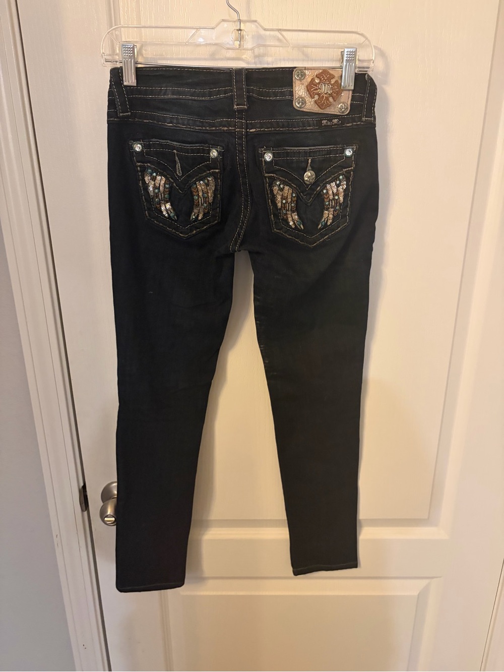 Miss Me low rise y2k Blue Skinny Jeans with Sequin-Embellished Back Pockets